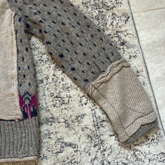 FREE PEOPLE M Wool Nylon Blend Tan Hooded Sweater Jacket Blue Cardigan - Picture 12 of 14